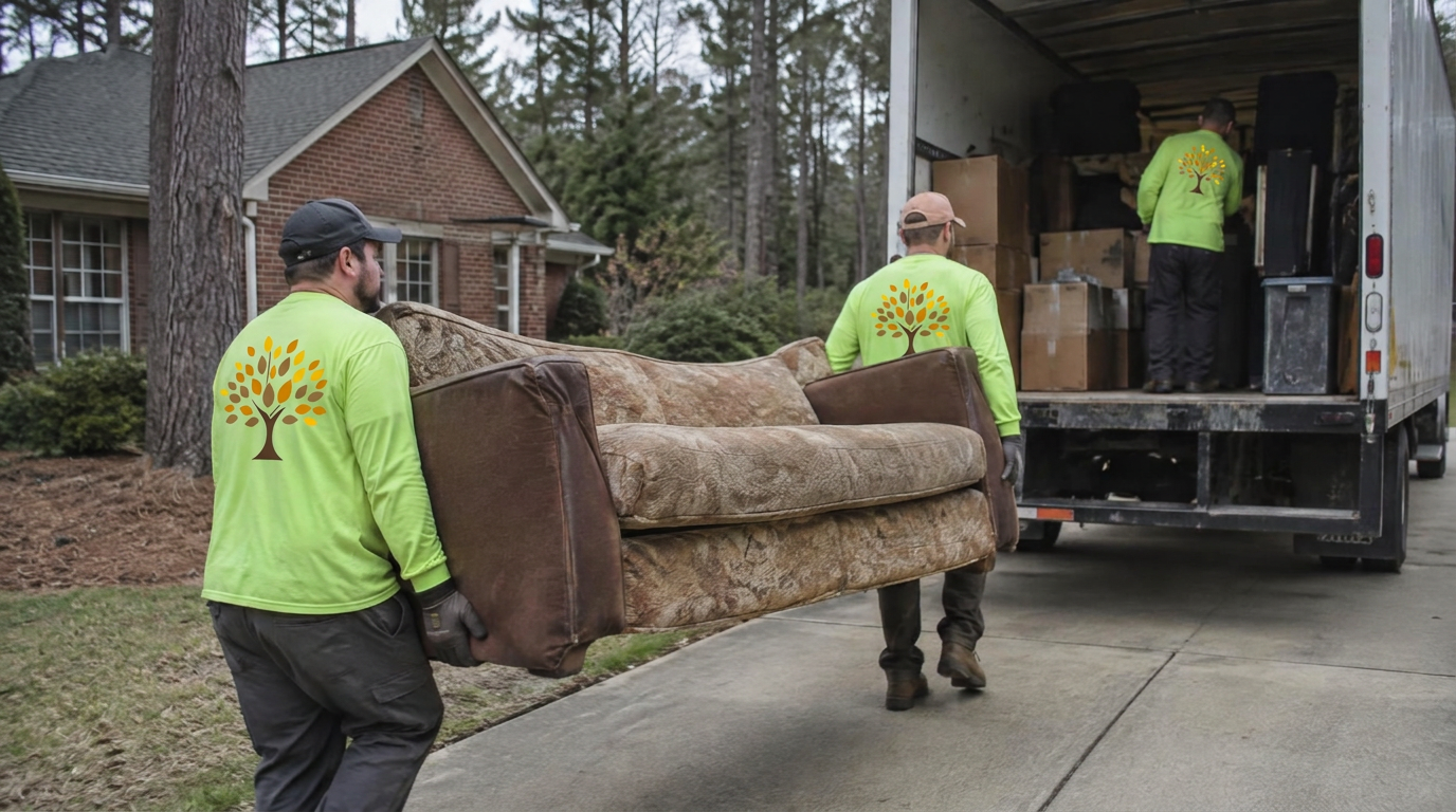Kapok Junk Removal crew loading an old sofa into a hauling truck outside a North Carolina home